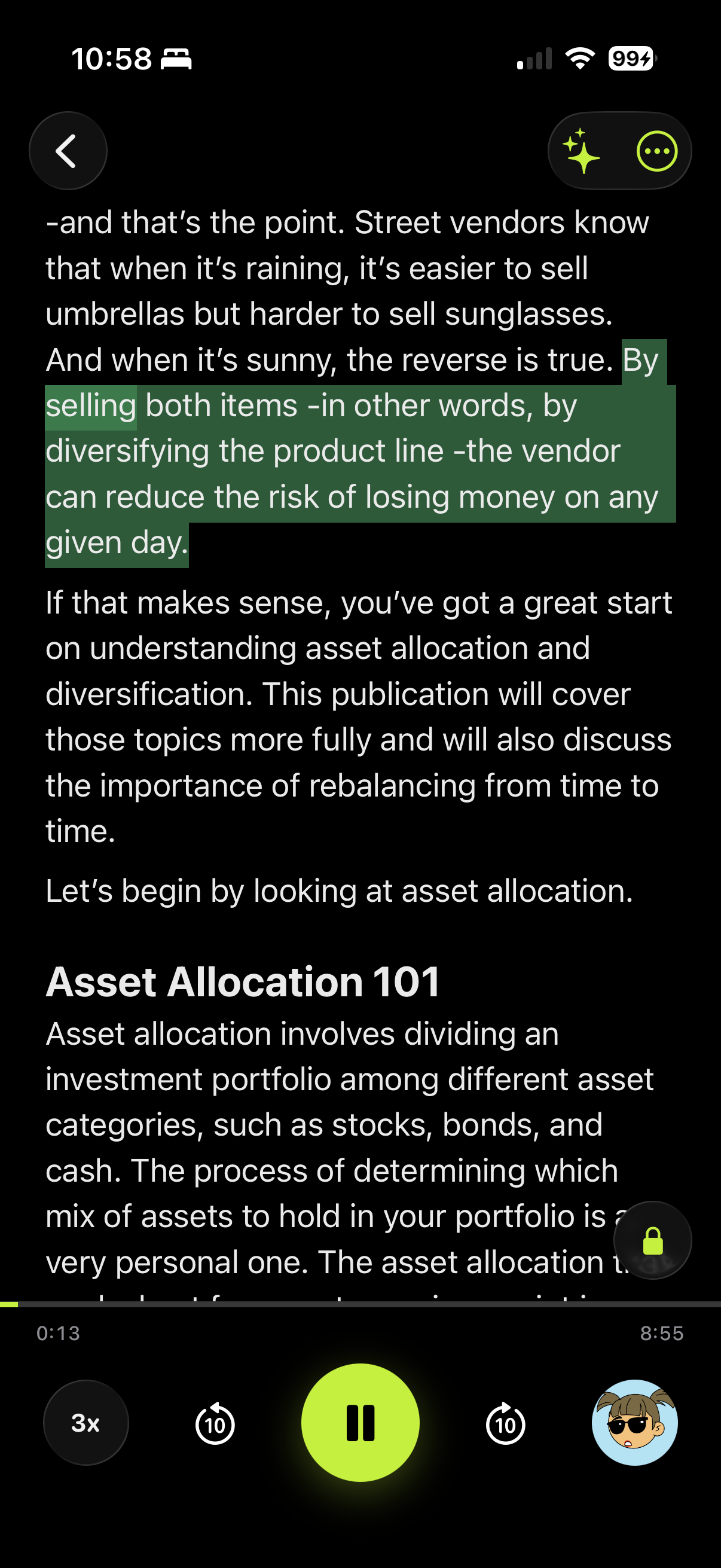 Voice Leaf reading view with word highlighting and 3x speed playback