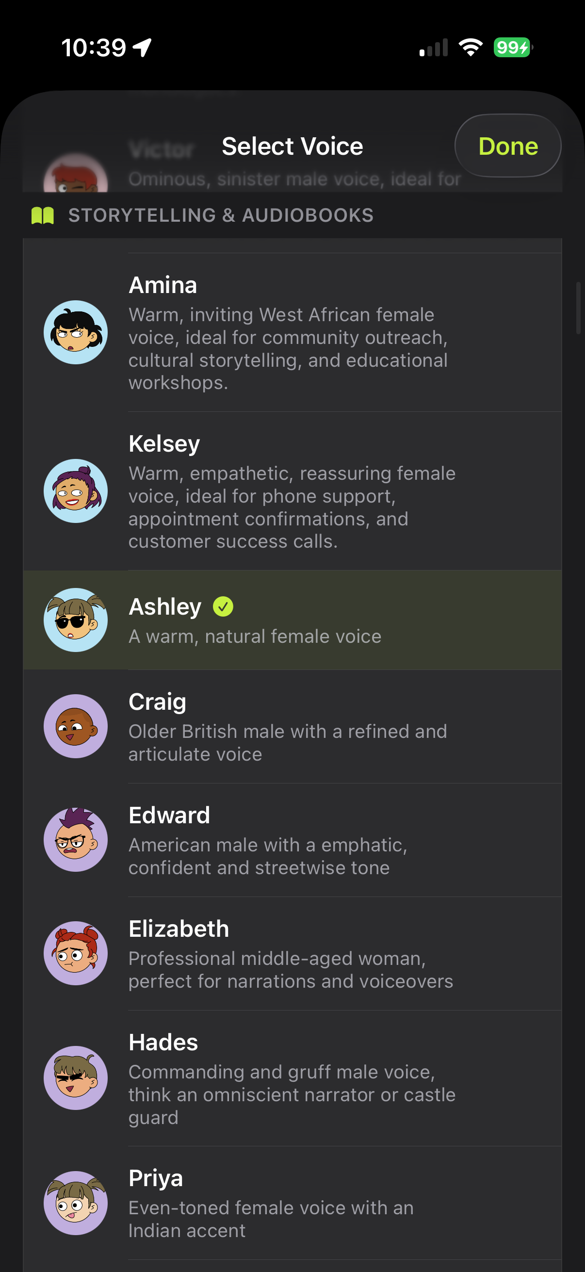 Voice selection showing diverse AI voice characters